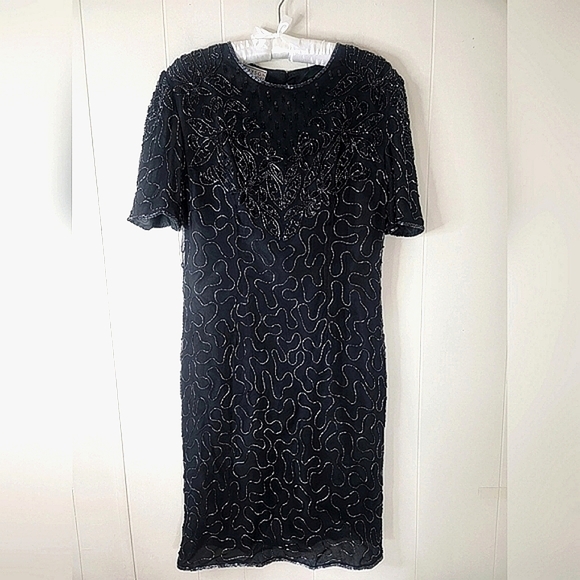 Vintage Allyson Whitmore Large Black Midi Dress 100% Silk Beaded Formal - Picture 6 of 14